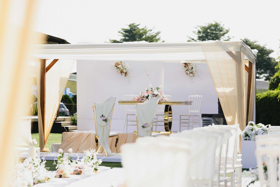 Beautiful outdoor wedding ceremony layout with arch